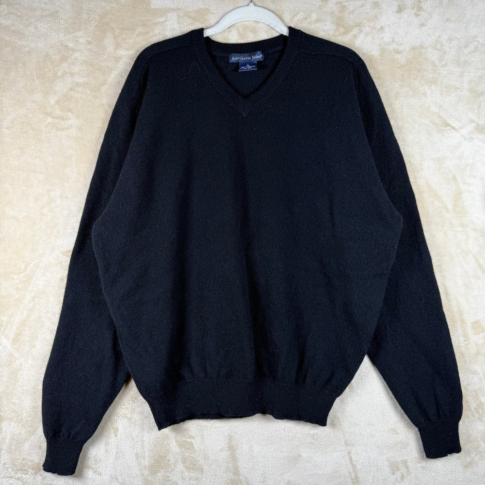Northern Isles Vintage Mens Black 100% Lambswool V-Neck Sweater XL Knit Pullover